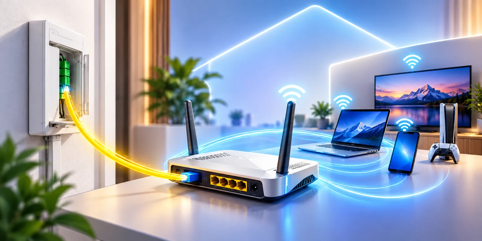 Illustration of a fibre modem connecting a television, laptop, phone and games console at home