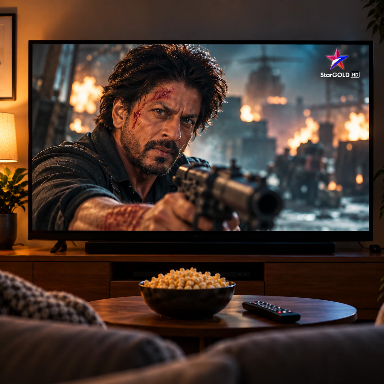 A movie playing on a television in a warmly lit living room