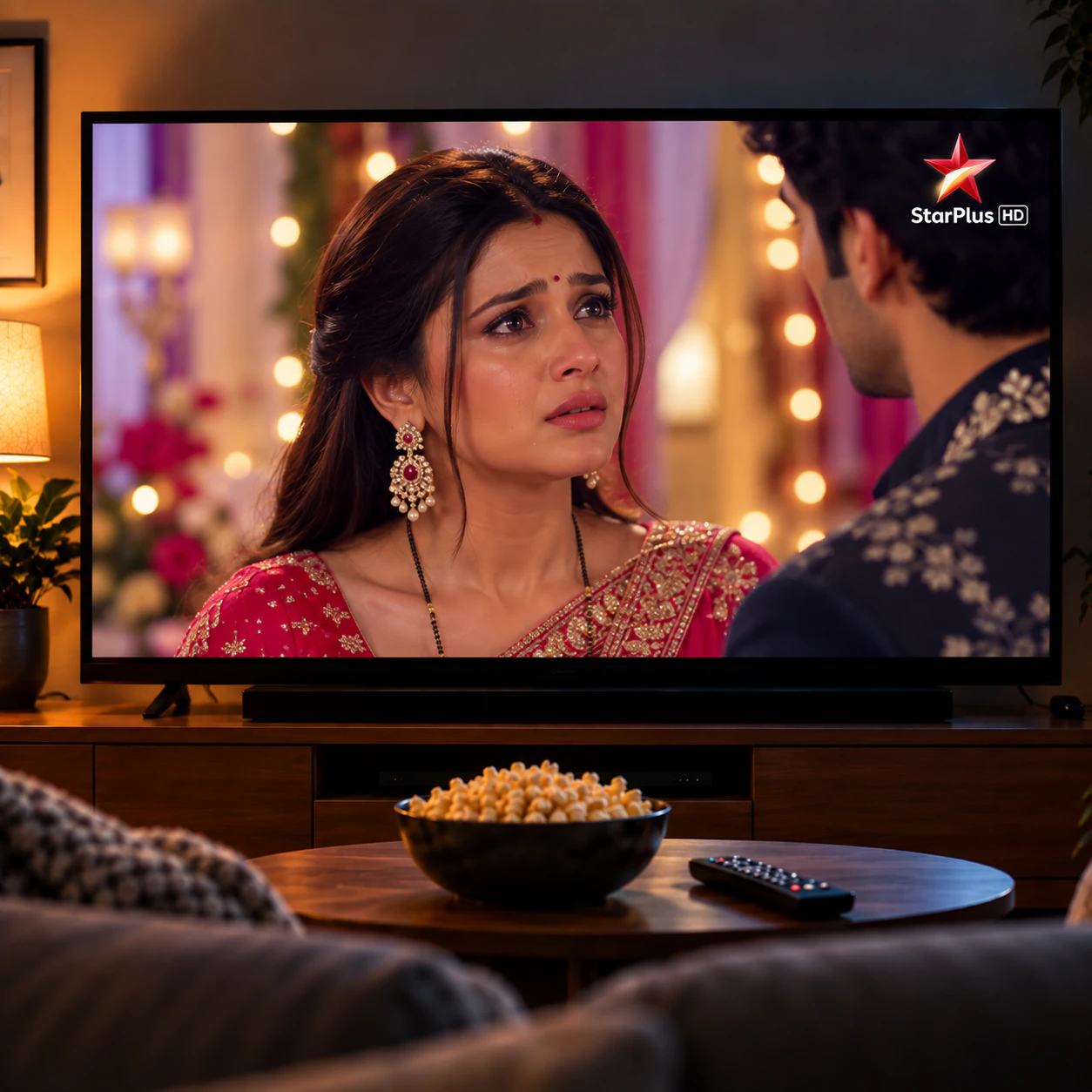 A drama playing on a television in a warmly lit living room