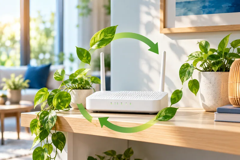 A working fibre modem surrounded by green leaves and a reuse symbol