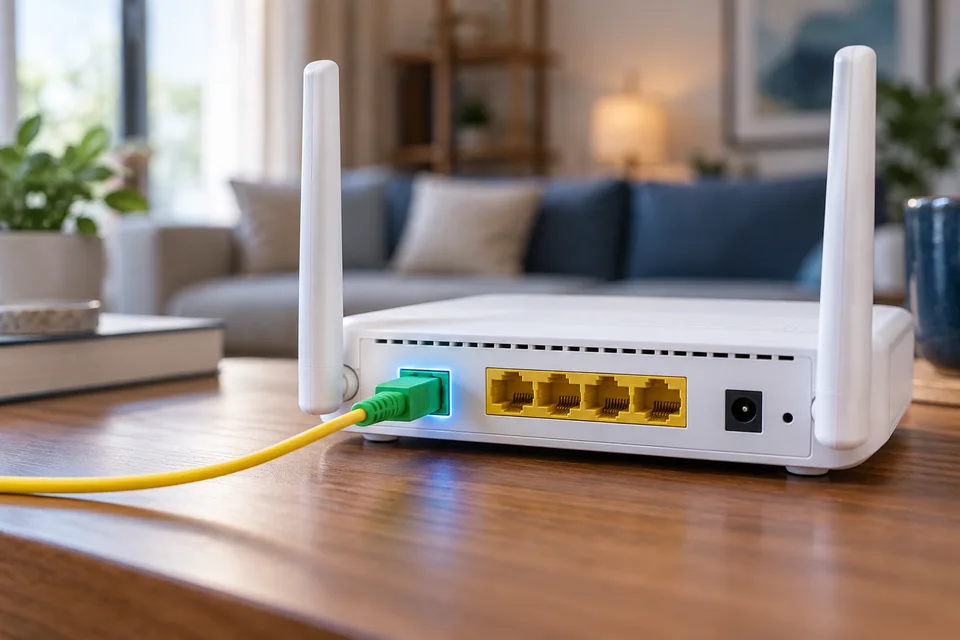 A fibre connector plugged into the optical port of a fibre modem