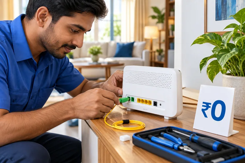 A technician connecting a fibre modem with a zero-charge installation card