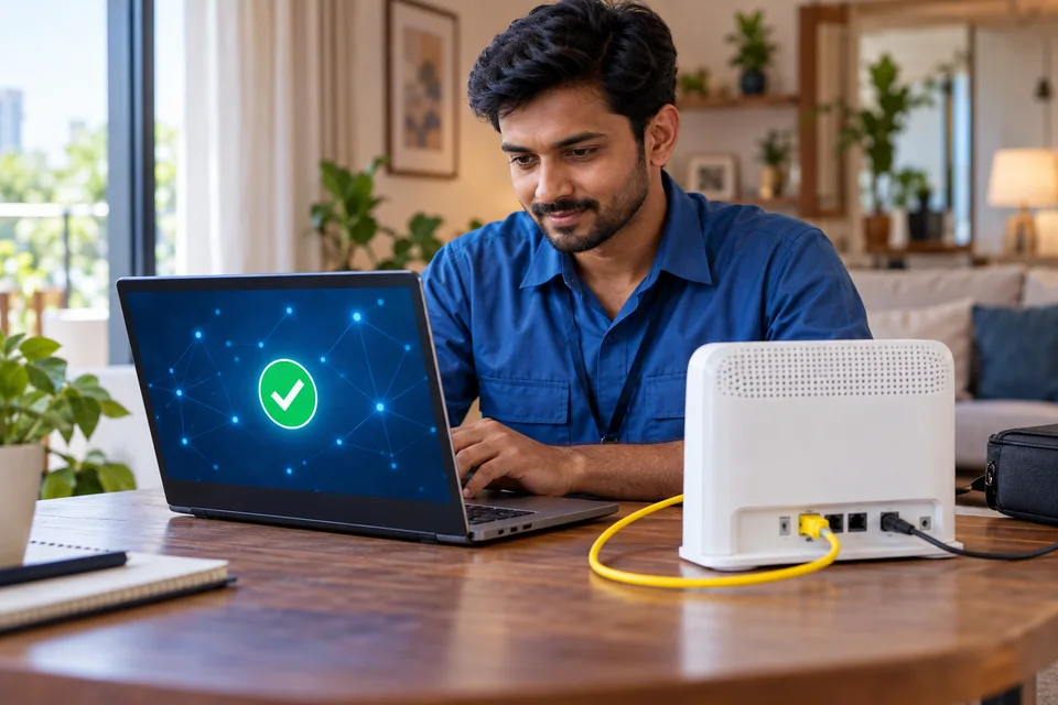 A broadband technician checking a modem and its network setup