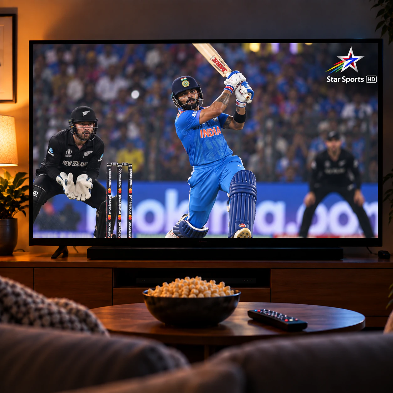 A cricket match playing on a television in a warmly lit living room