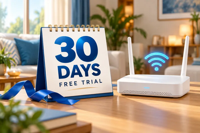 A 30-day free-trial calendar beside a fibre modem
