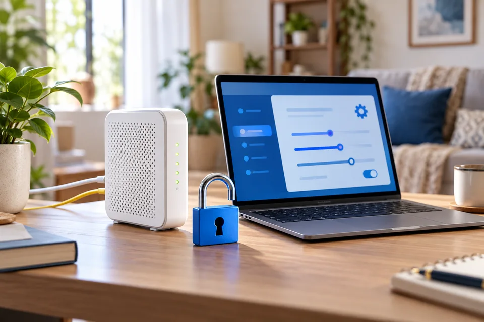 An open padlock beside a modem and accessible device settings on a laptop
