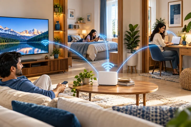 A fibre modem connecting a television, laptop and phone around a home