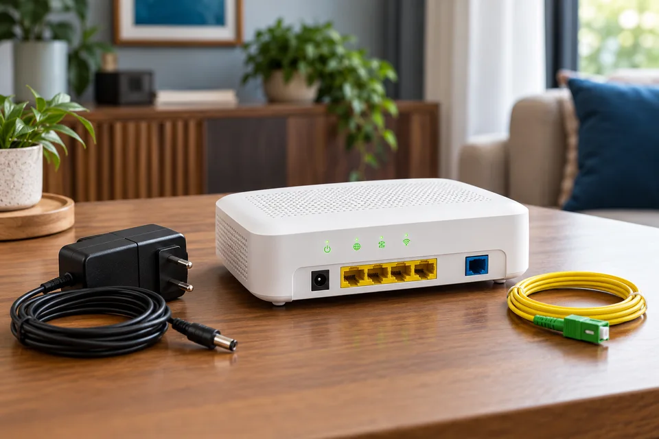 A well-maintained fibre modem with its power adapter and intact cables